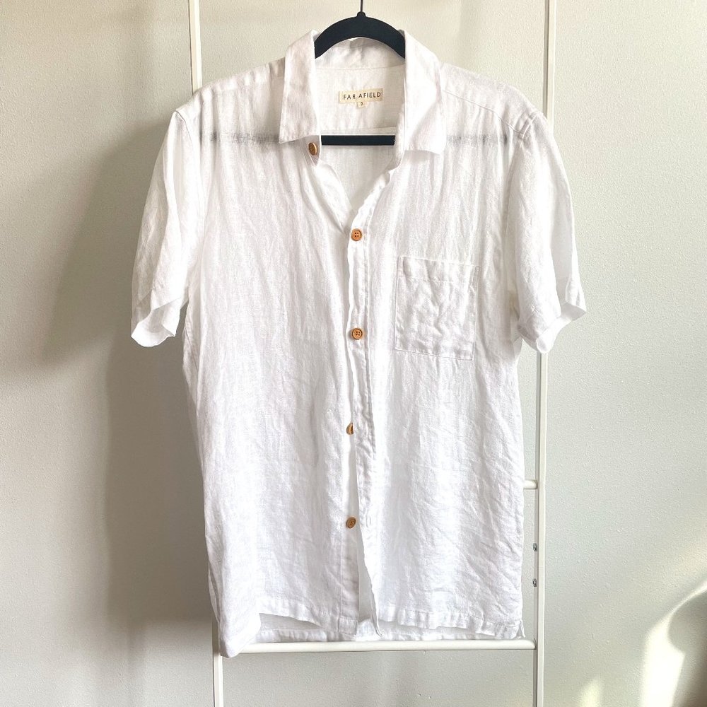 Men's 100% Linen white short sleeve button up size Medium || Far Afield